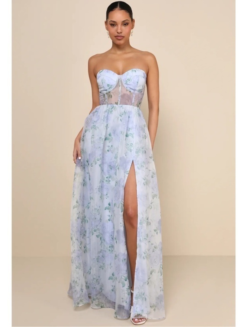 NWT Lulu’s Charming Sweetness Periwinkle Floral Organza Bustier Maxi Dress Chic